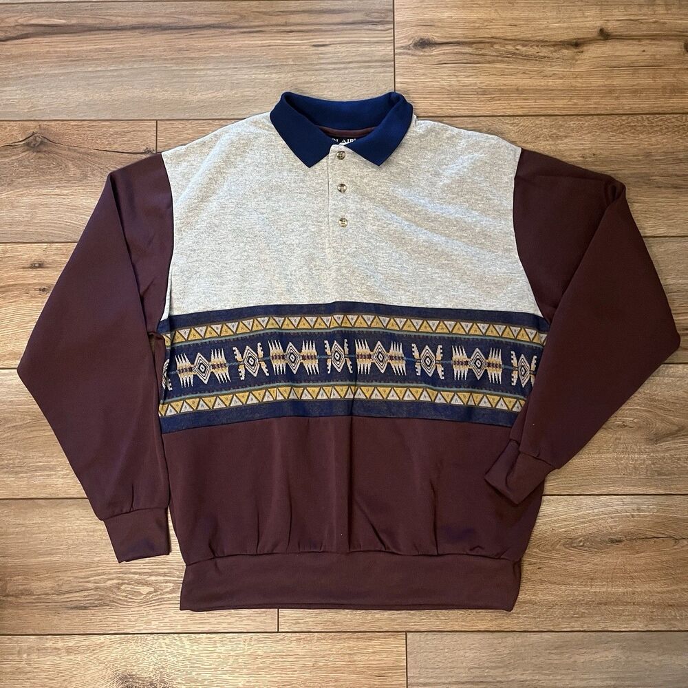 Vintage Aztec Pattern Polo Collar Sweater Southwestern Blue BLAIR Men Large 90s